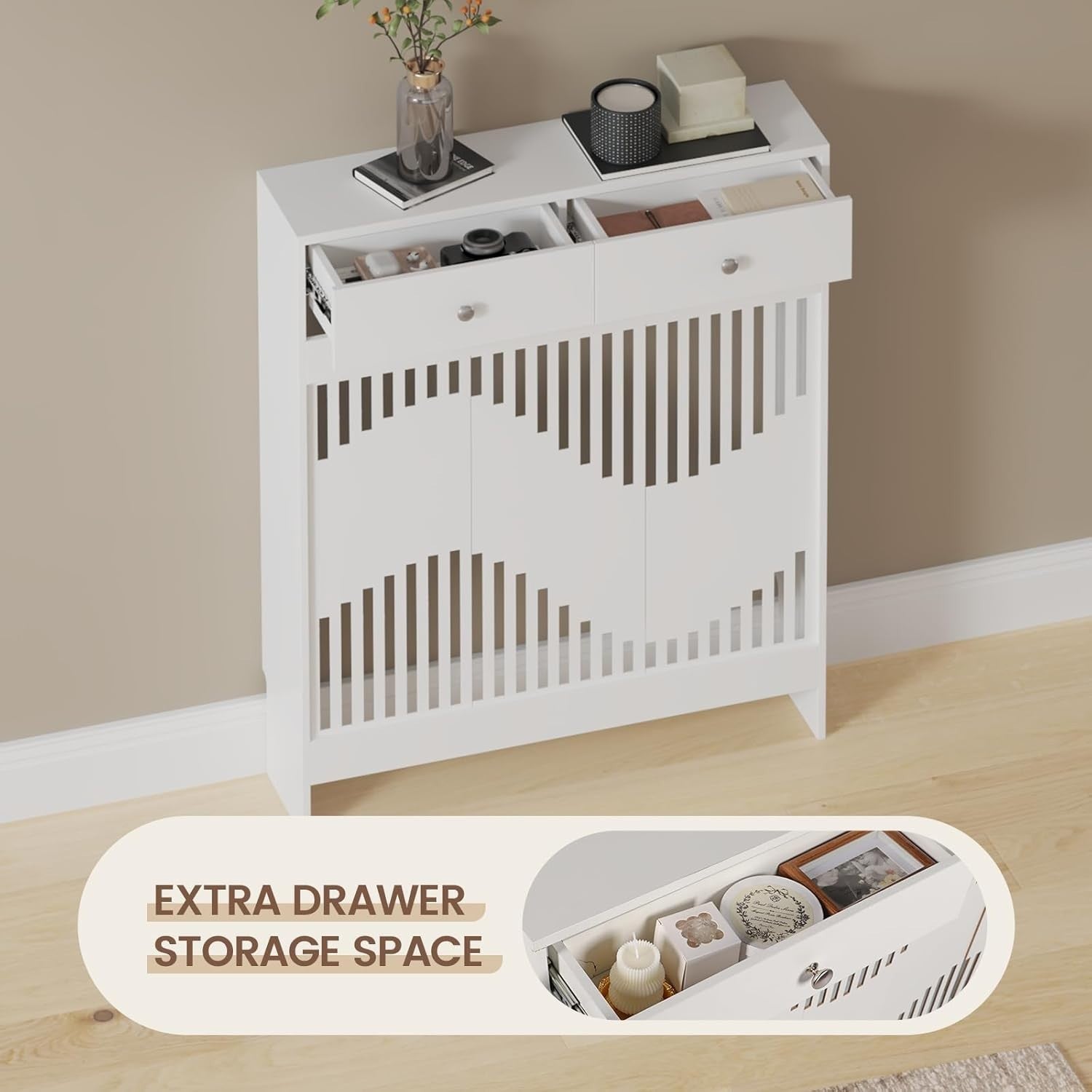 White Radiator Cover Cabinet with Drawers Modern MDF Storage Unit