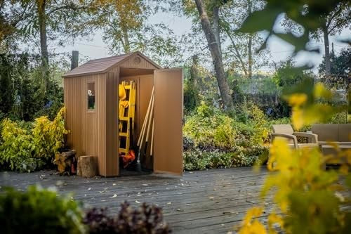4x6FT Outdoor Garden Shed Evotech Wood-Look Storage with Floor & Lockable Door