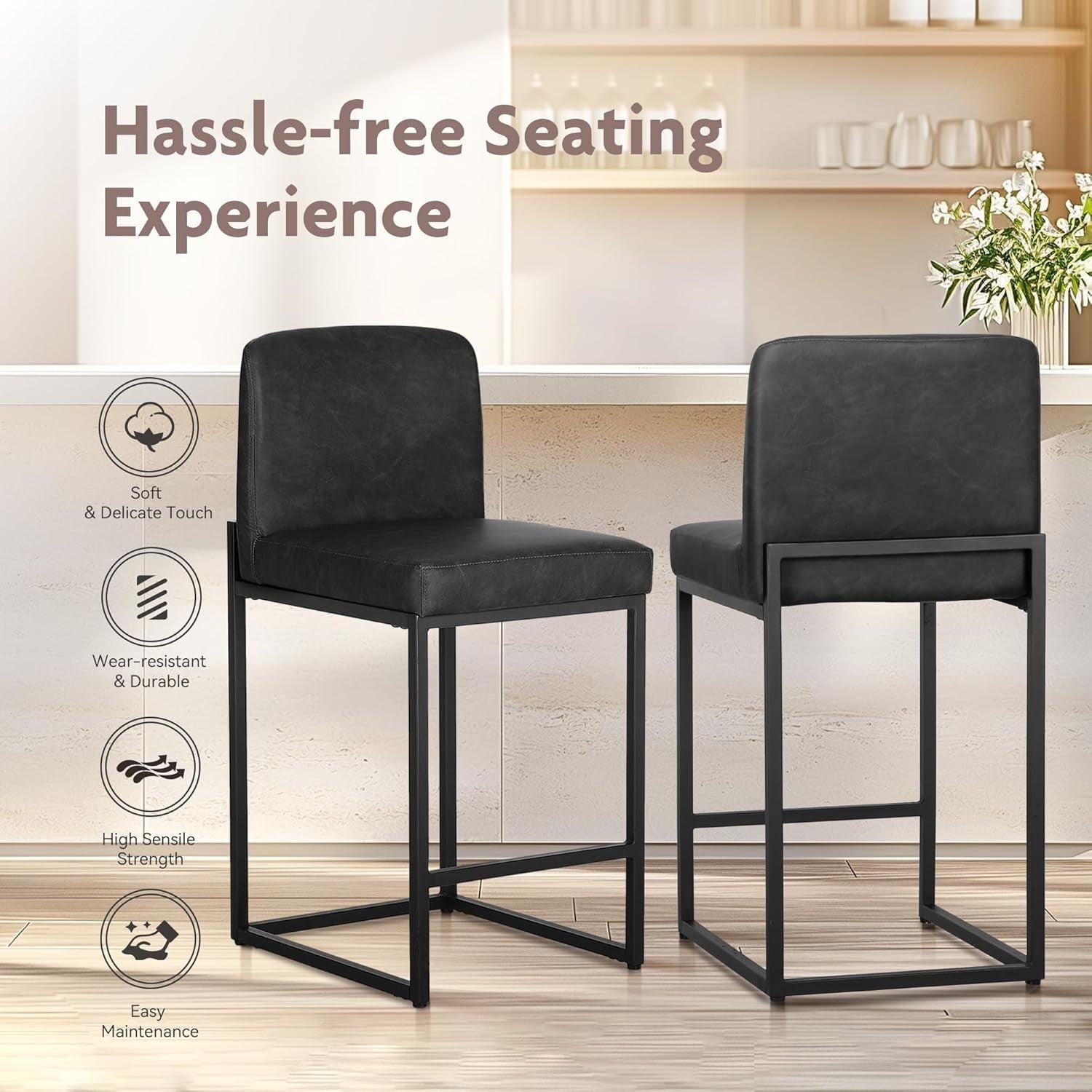 Black PU Leather Bar Stool Set of 2 Square Cushioned Kitchen Counter Chairs