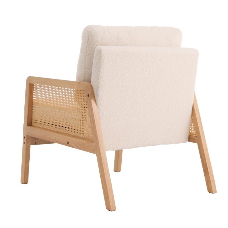 White Teddy Fleece Rattan Armchair Lounge Chair Modern Wood Accent Seat