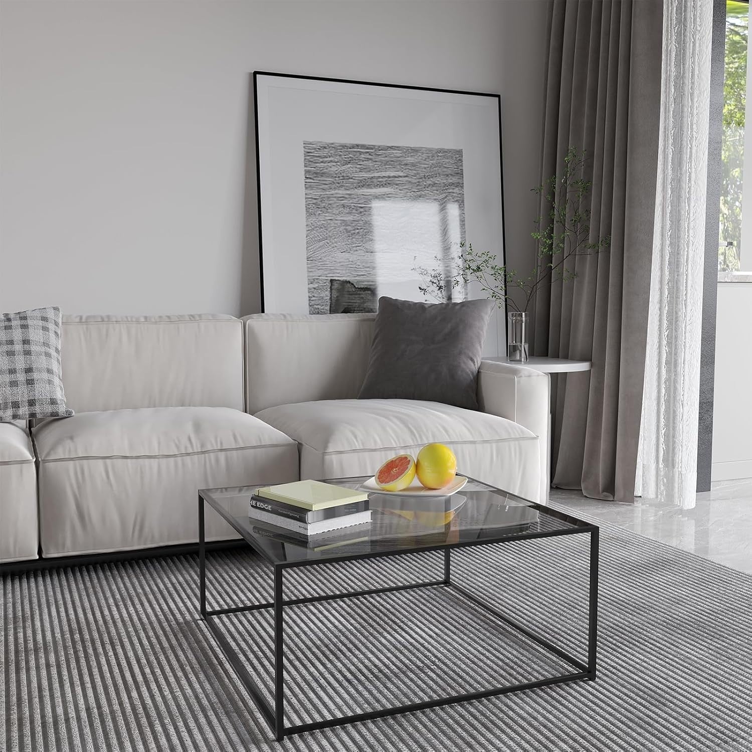 Modern Square Glass Coffee Table with Sturdy Metal Frame 67x67x40cm
