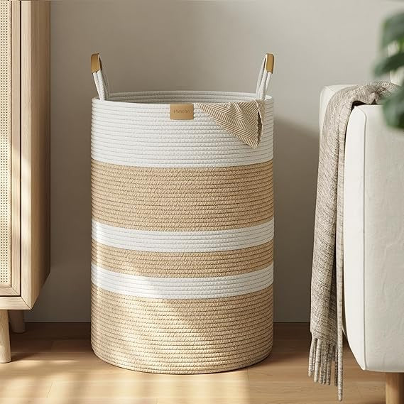 95L Foldable Laundry Basket with Leather Handles, Large Woven Beige Stripes Hamp