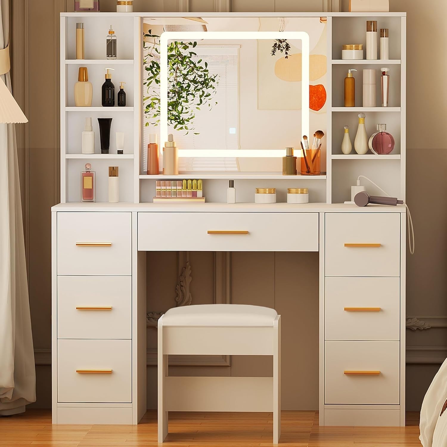 Modern White Vanity Table Set LED Mirror 6 Drawers Desk USB Charging Station