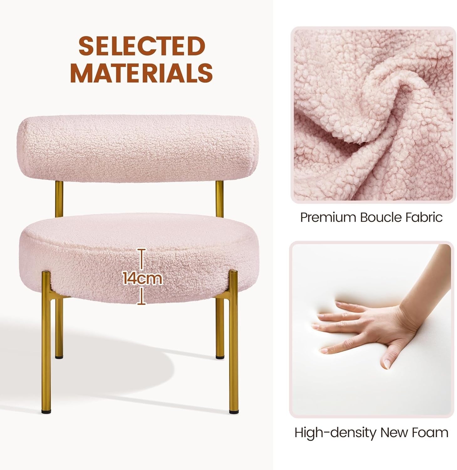 Pink Bouclé Tub Chair Cozy Sherpa Barrel Seat w/ Gold Legs for Bedroom & Vanity