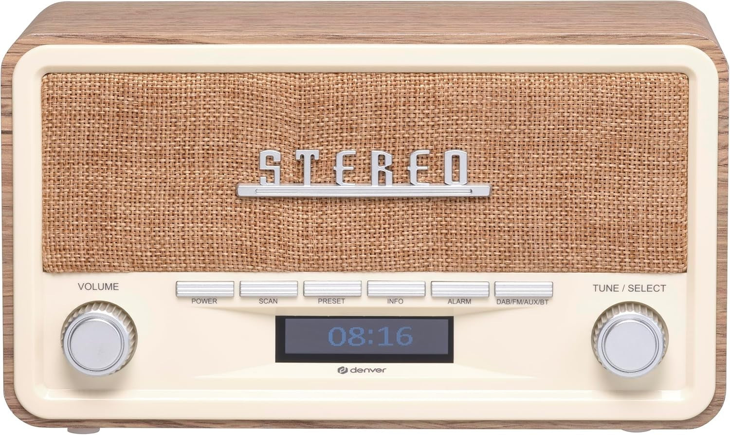 Retro DAB/DAB+ & FM Bluetooth Radio with Dual Alarm & AUX Input – Light Wood Fin