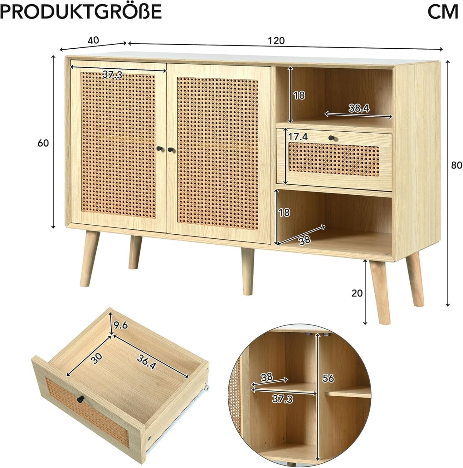 Modern Rattan Sideboard Cabinet Storage Unit Drawers Light Oak Wood