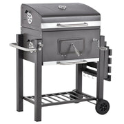 Charcoal BBQ Smoker Grill Trolley w/ Shelf, Lid, Thermometer, Hooks, Wheels