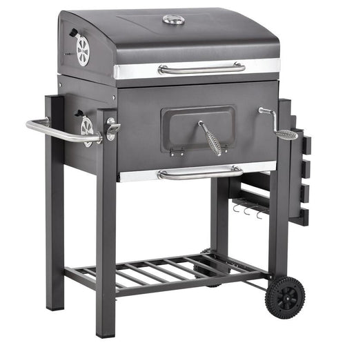 Charcoal BBQ Smoker Grill Trolley w/ Shelf, Lid, Thermometer, Hooks, Wheels