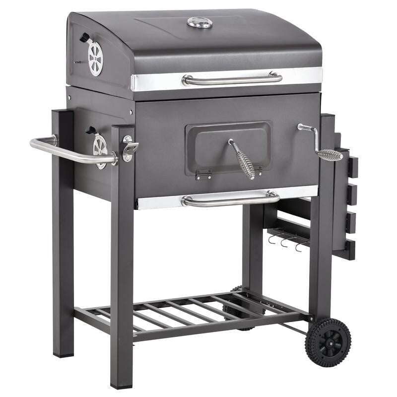 Charcoal BBQ Smoker Grill Trolley w/ Shelf, Lid, Thermometer, Hooks, Wheels