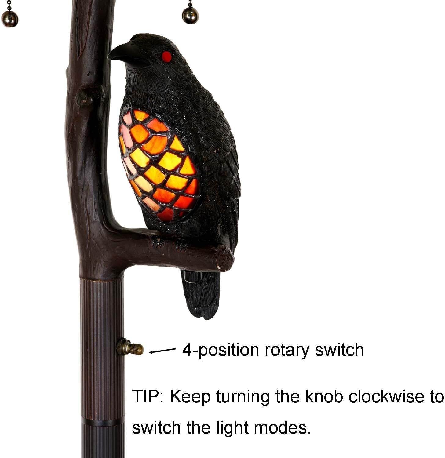 Full Moon Raven Stained Glass Floor Lamp, 65” Tall, 4-Light Halloween Decor