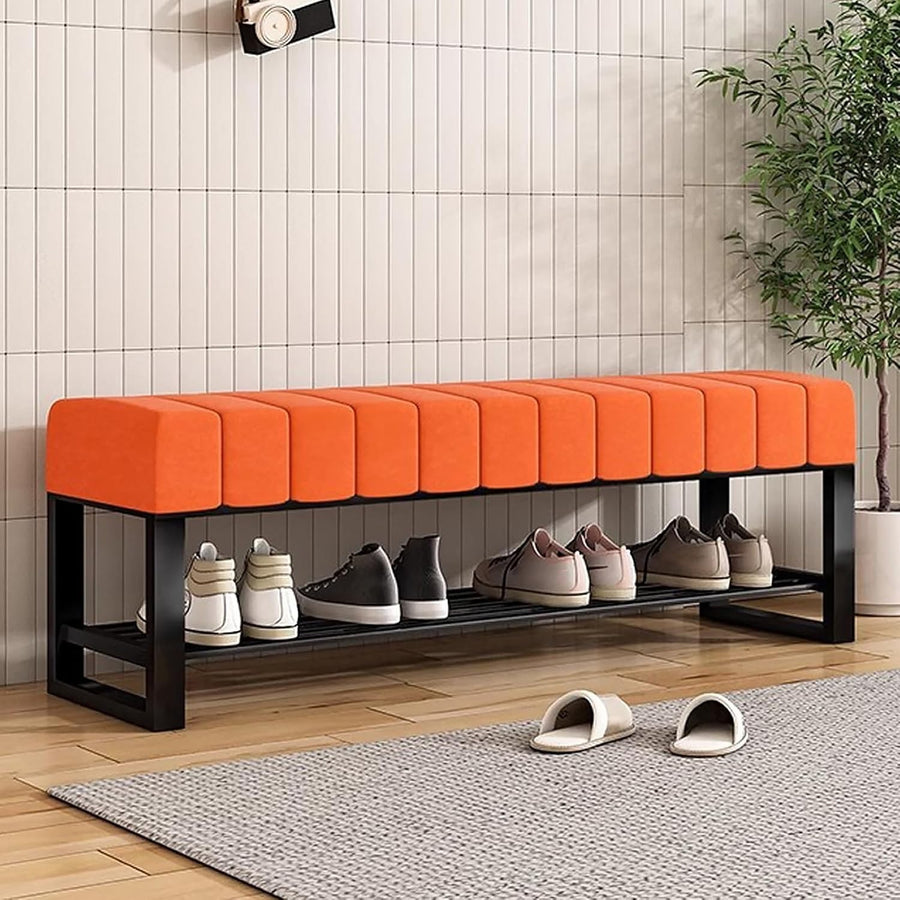 Orange Velvet 2-Tier Shoe Storage Bench with Padded Seat for Entryway