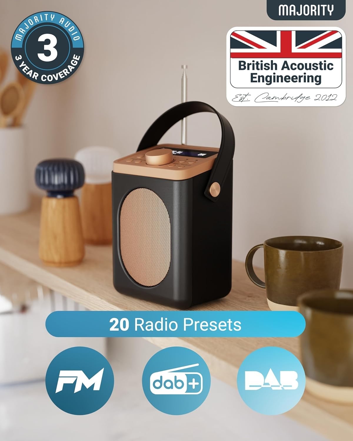 Portable DAB+ FM Radio Bluetooth | 15H Battery | Dual Alarm Black