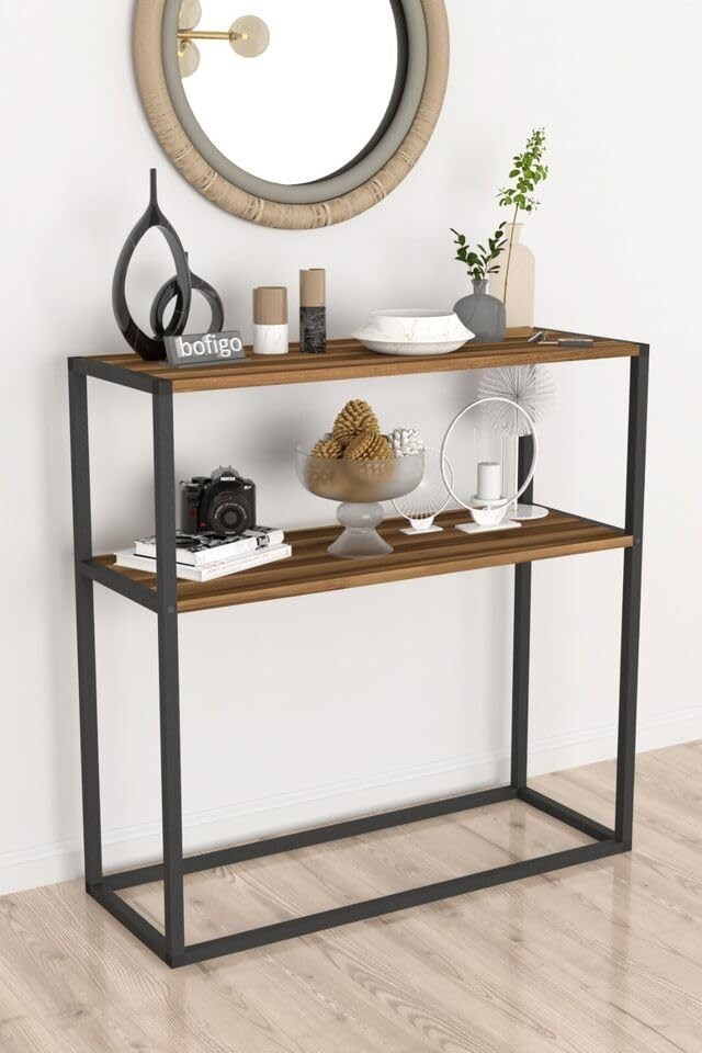 Slim Console Table with 2 Shelves – Modern Wood & Metal Frame Storage
