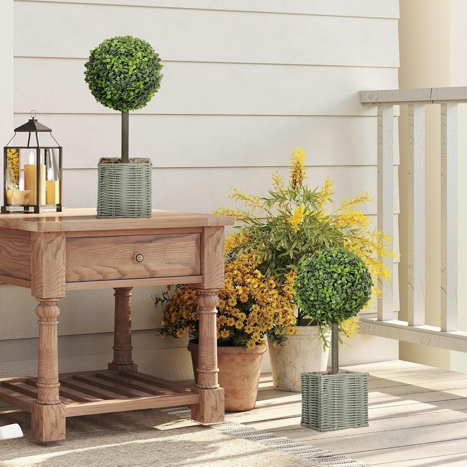 2pcs 50cm Artificial Boxwood Topiary Balls with Woven Pots Indoor Outdoor Decor