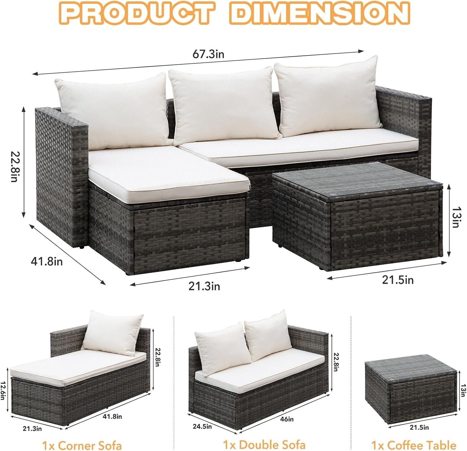 3pc Rattan Garden Sofa Set L-Shape Patio Furniture with Table Grey Cushions