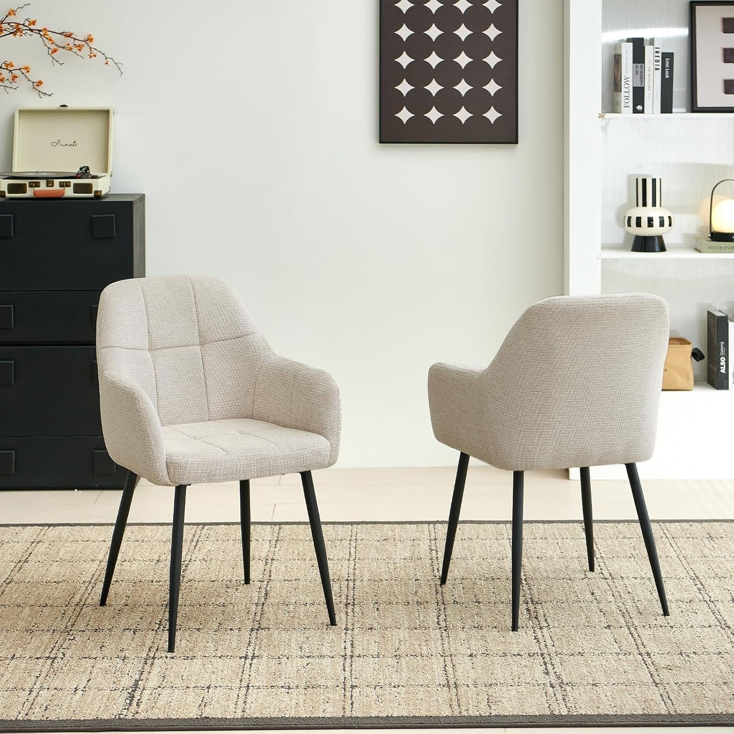 Plush Beige Dining Chairs Set of 2 Ergonomic Padded Seat Metal Legs