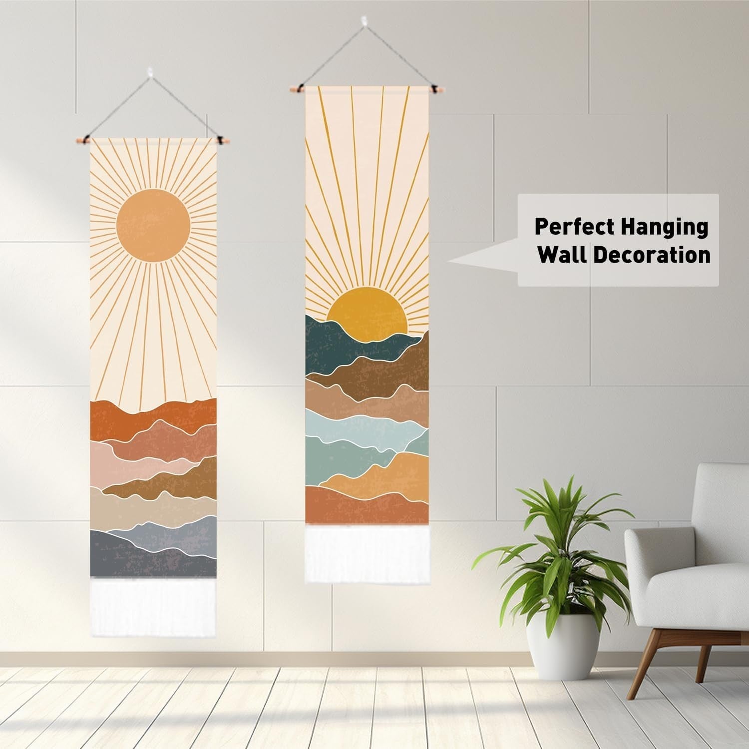 Boho Sunset Wall Tapestry Set Rainbow Sea Tassels 52x13