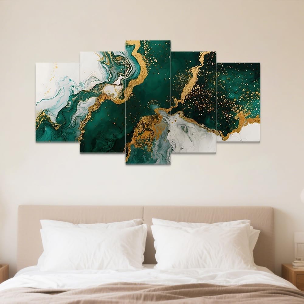 Green Gold Abstract Canvas Wall Art 5 Panel Framed Set