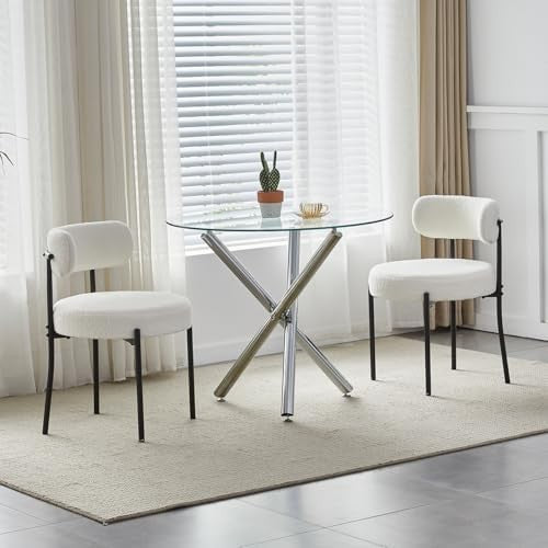 Modern 5-Piece Round Glass Dining Table with 2 Beige Velvet Chairs Set