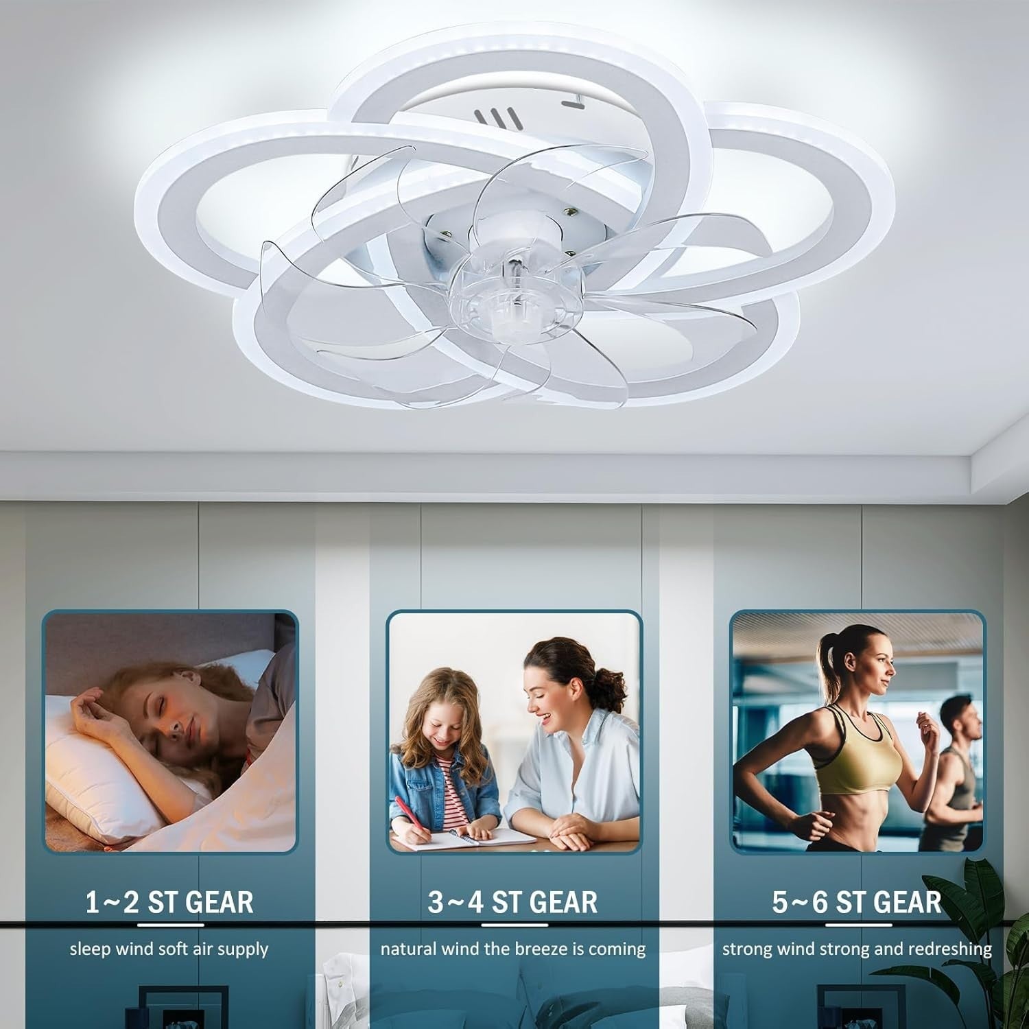 Ceiling Fan with Light, 6 Speeds, Dimmable, Remote, 50 cm White