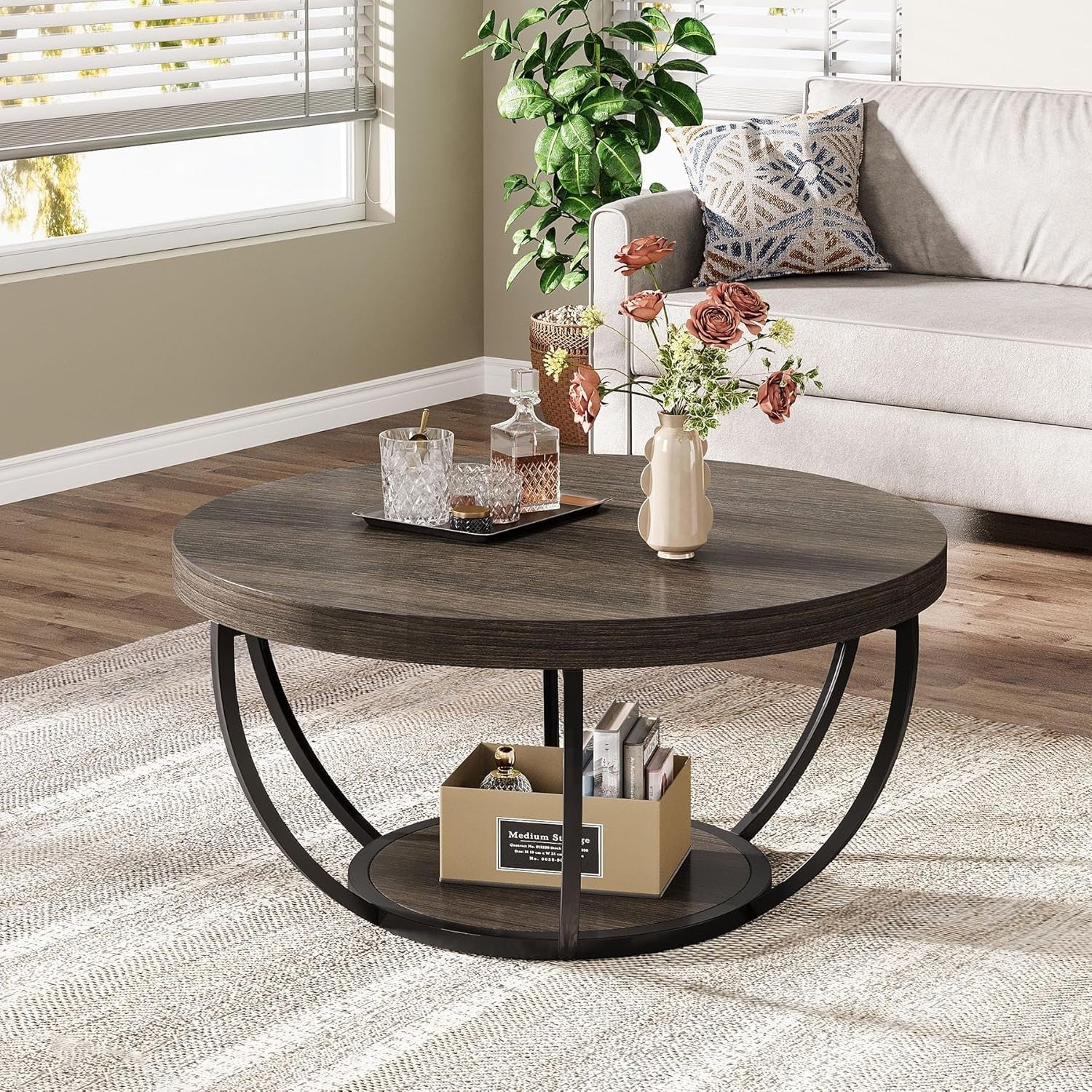 Round 2-Tier Coffee Table with Storage, Grey Wood Grain, 80.5x44cm