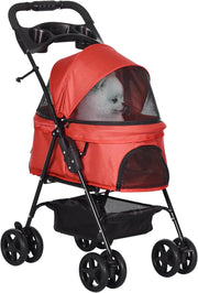 Pet Travel Stroller Dog Pushchair Foldable with Brake Basket Canopy Red