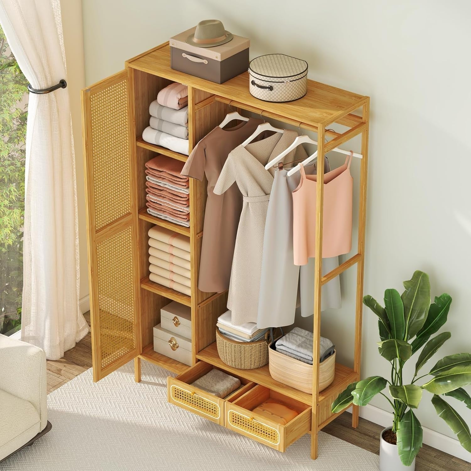 Bamboo Clothes Rack with Drawers & Rattan Shelving Unit