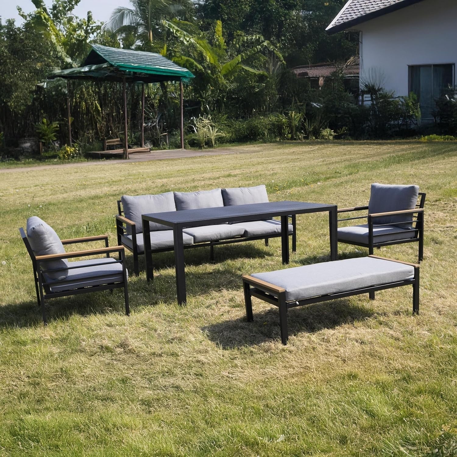 6 Seat Garden Furniture Set Black Aluminium Grey Cushions Dining Patio