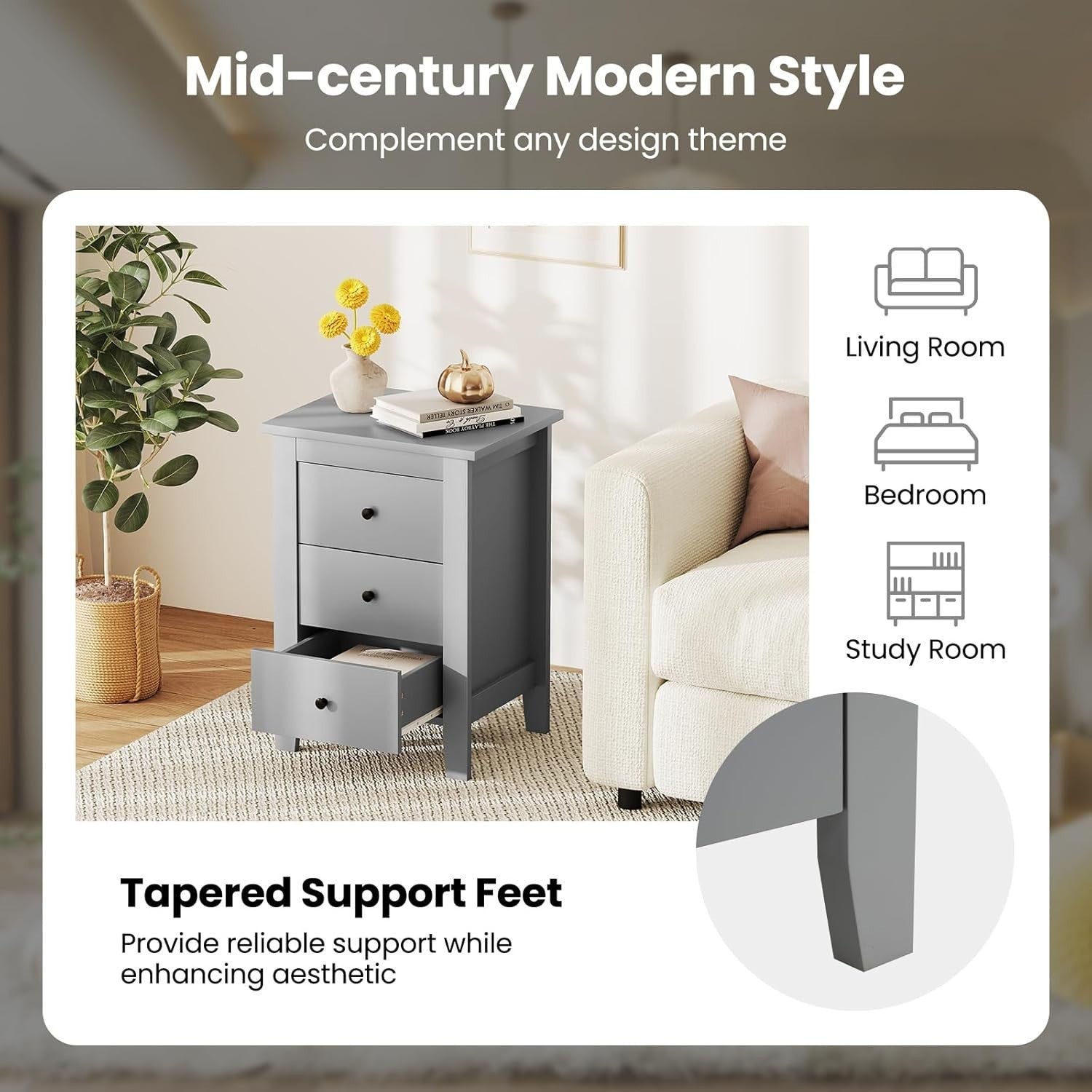 Set of 2 Grey 3 Drawer Bedside Tables | Modern Wooden Nightstands