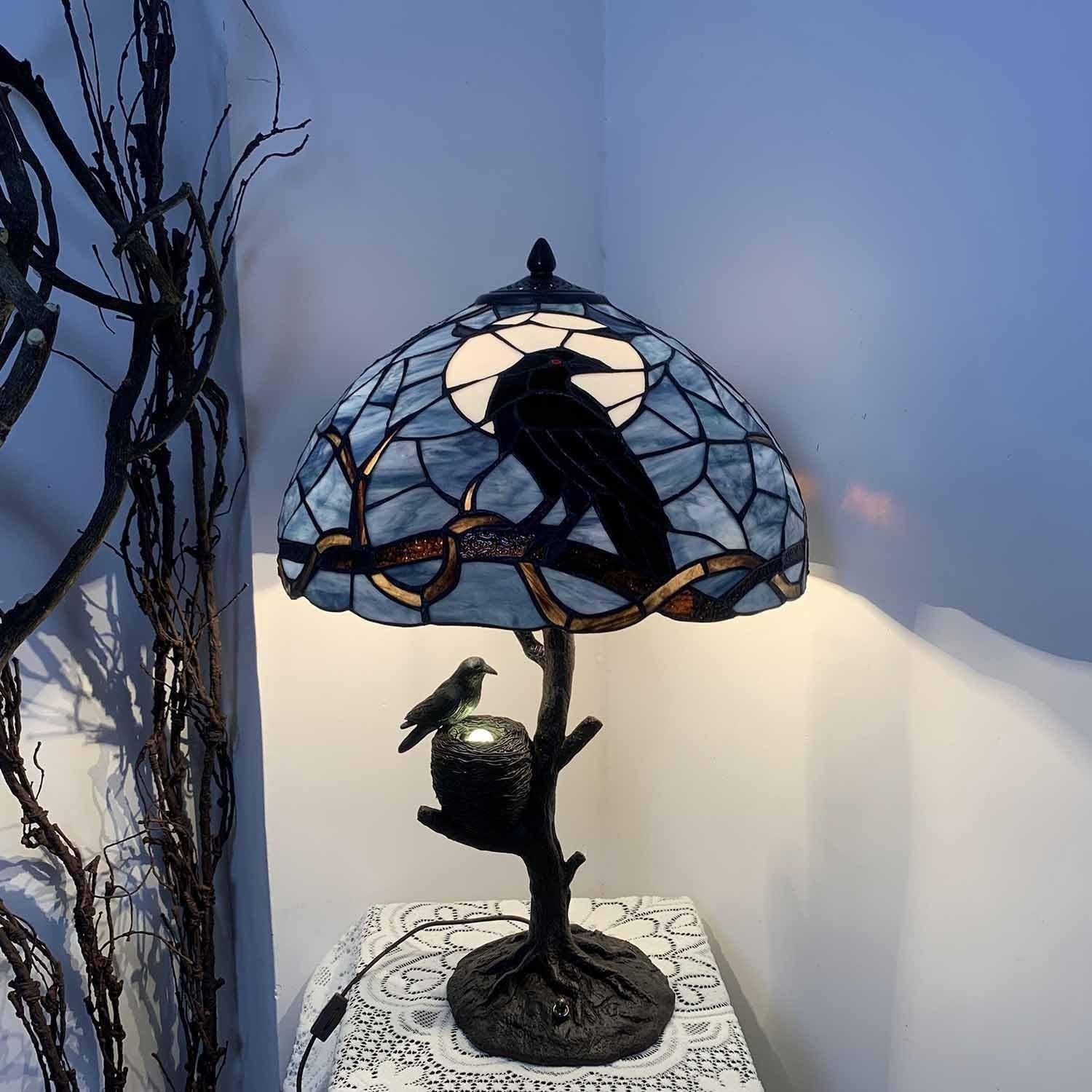 Tiffany Stained Glass Raven Table Lamp Full Moon Night Light Decor