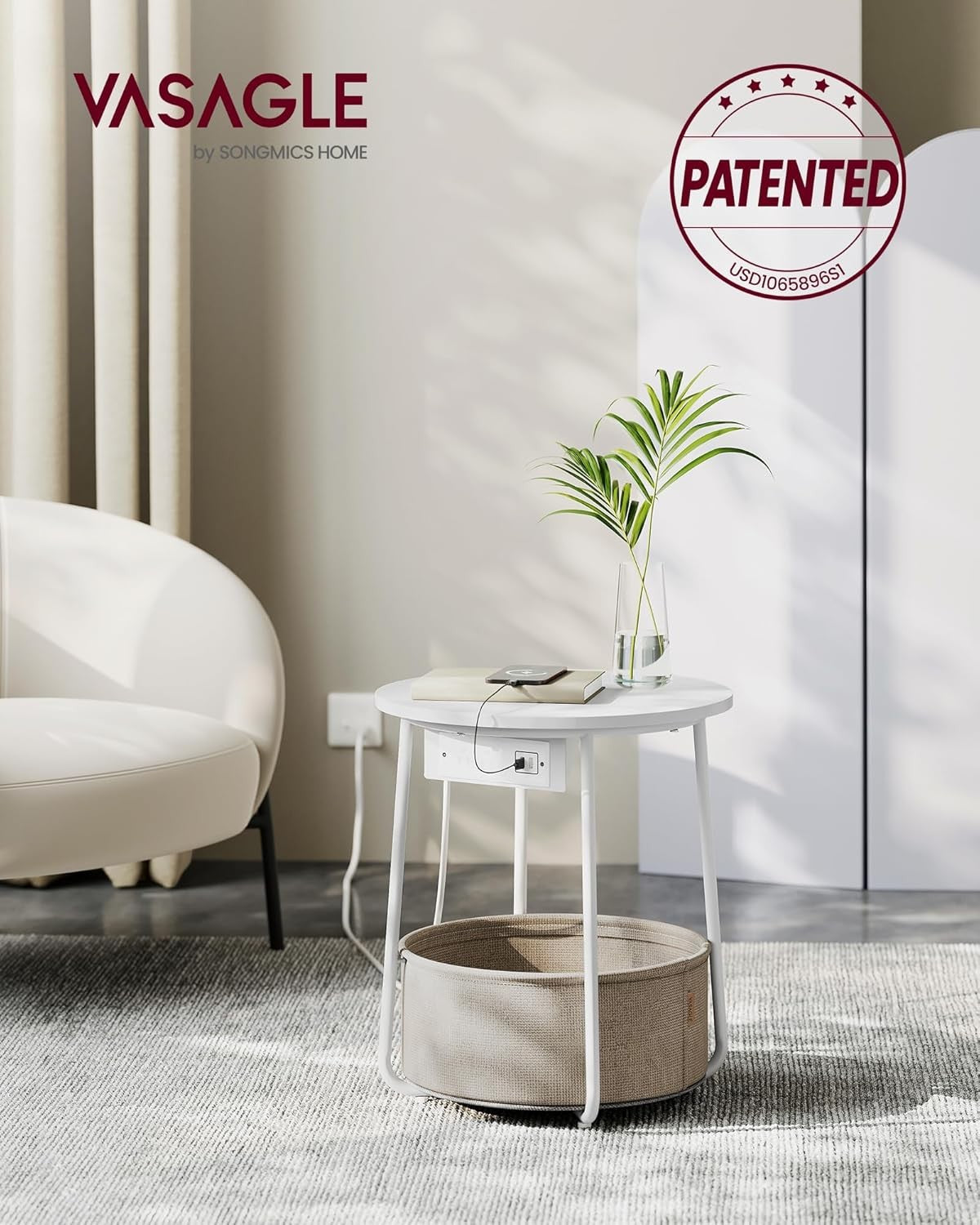 Round Side Table with USB Charging Ports, Storage Basket, Modern Bedside Stand