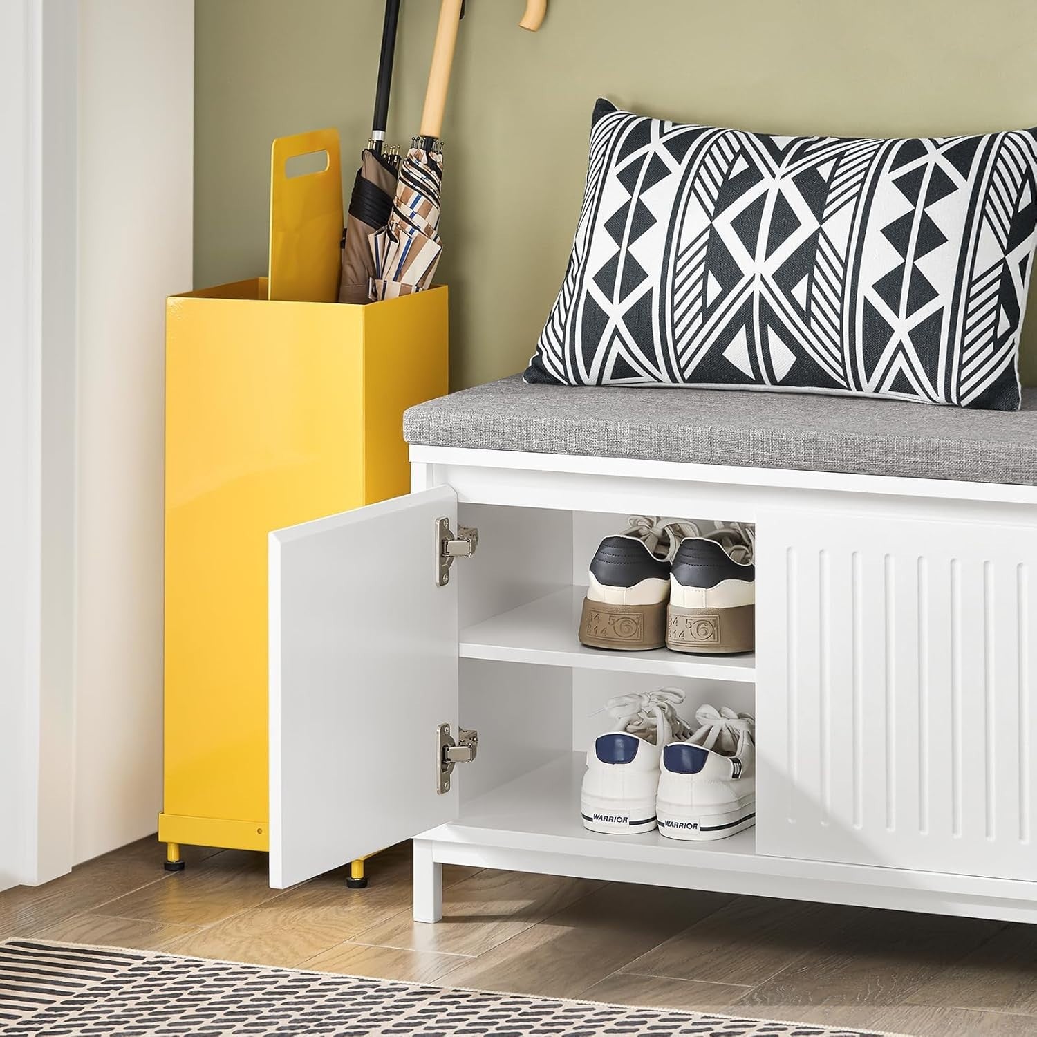Shoe Storage Bench with Seat – Cushioned 2-Door Hallway Cabinet & Drawer