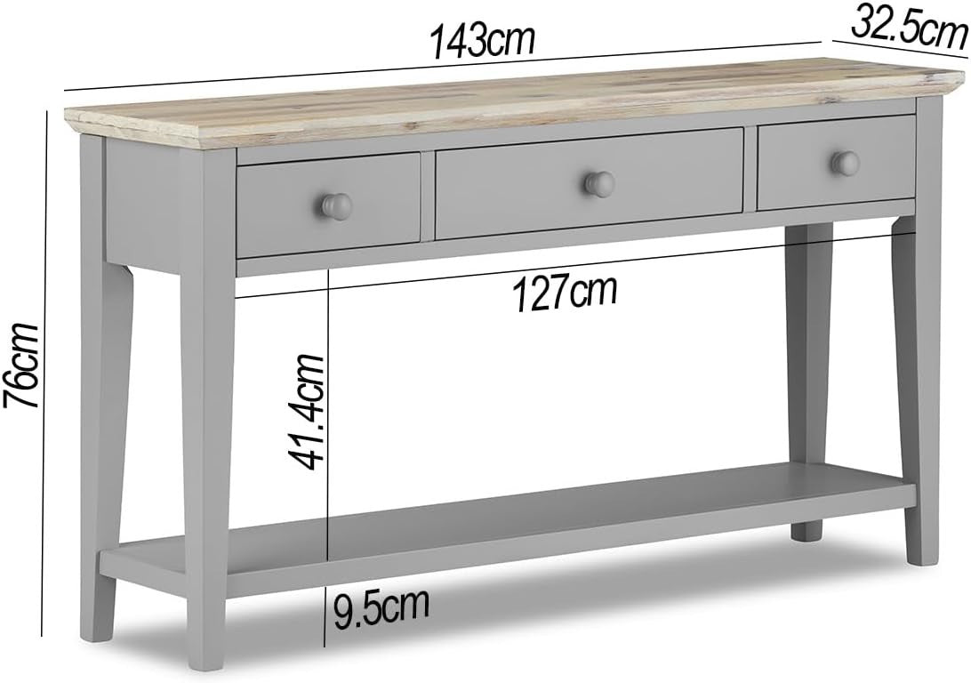 Grey Console Table with Storage Drawers & Shelf, Acacia Top, 143cm