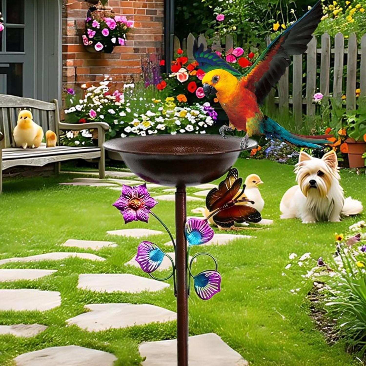 Outdoor Bird Bath Feeder Metal Butterfly Garden Stand Decor for Patio & Lawn