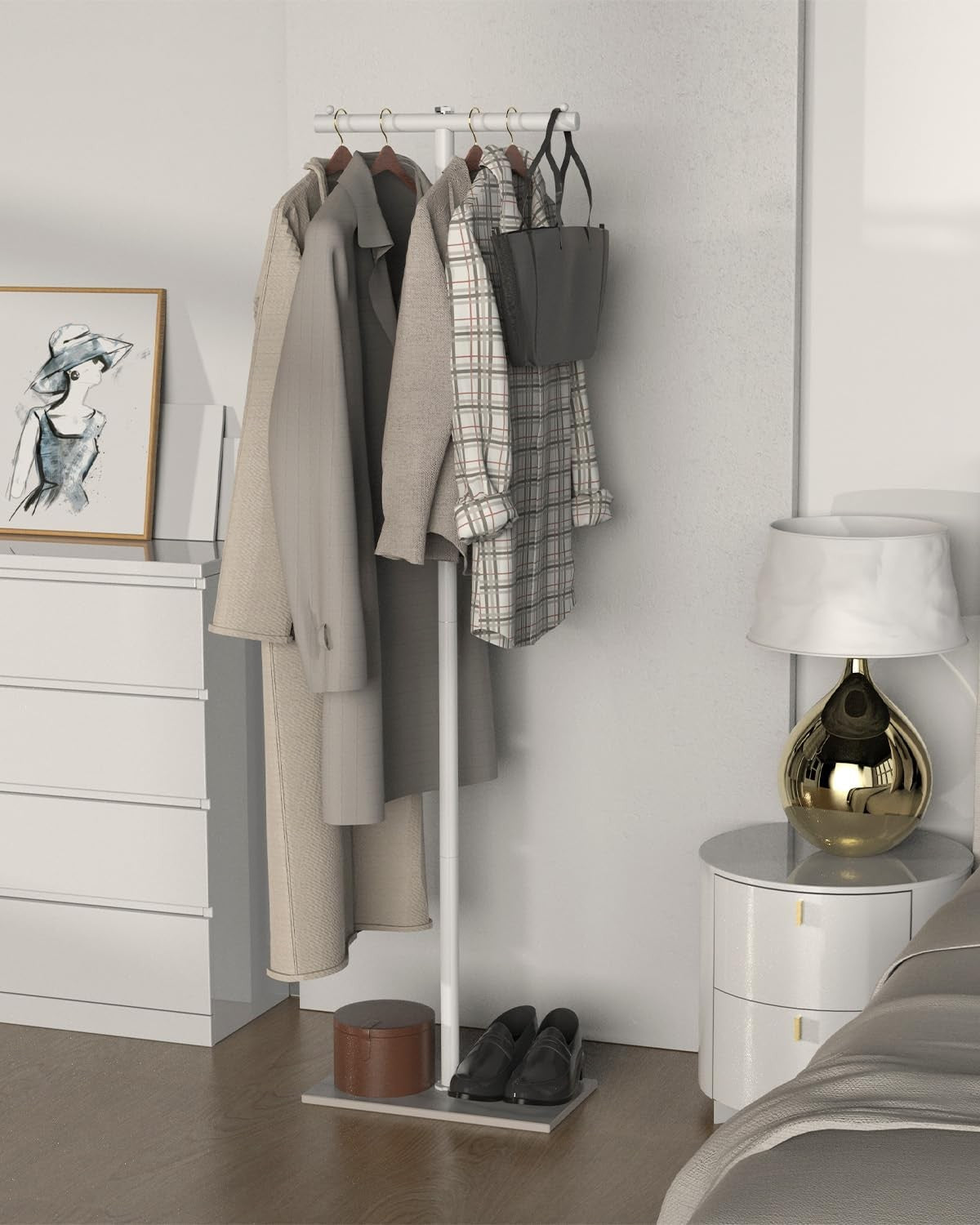 White Metal Coat Rack 175cm T-Shaped Clothes Stand with Rock Slab Base