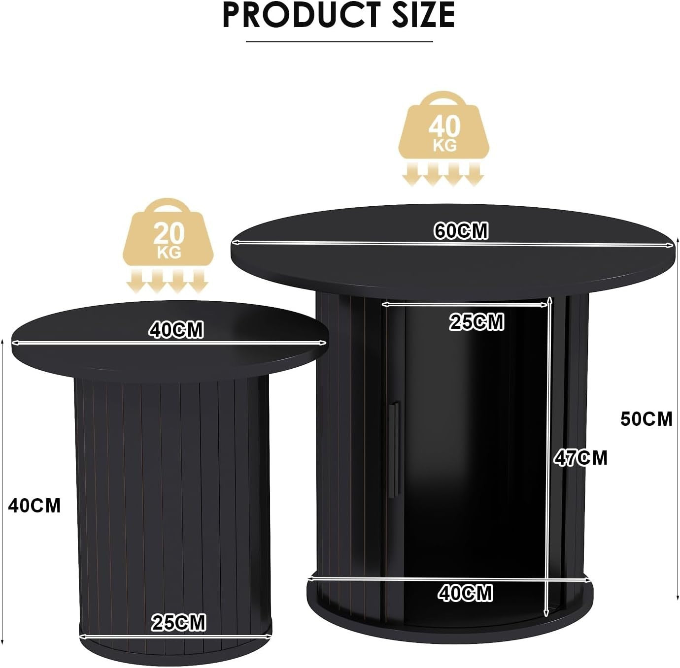Nesting Coffee Table Set of 2 Round Storage End Side Tables Living Room Black Wo