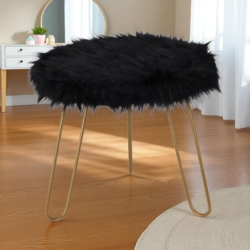Black Faux Fur Vanity Stool Round Gold Hairpin Legs Modern Accent Seat