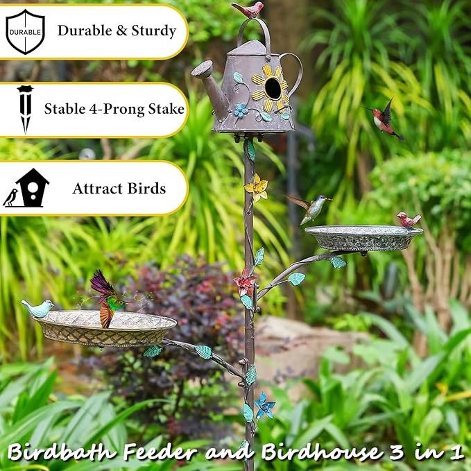 67.9" Metal Bird Bath & Birdhouse 3-in-1 Feeder Pole – Outdoor Garden Décor