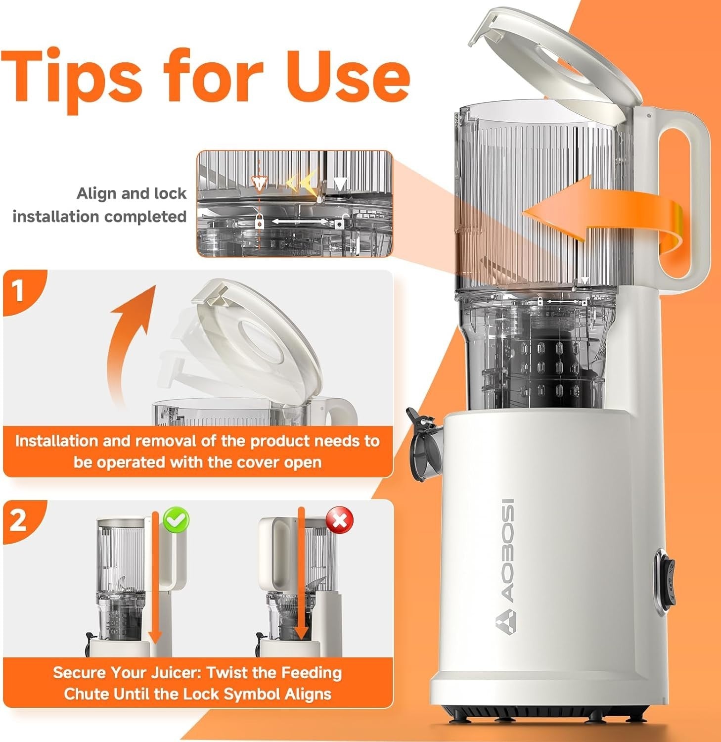 Cold Press Juicer 135mm Wide Chute Whole Fruit Slow 200W High Yield White