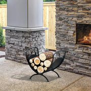 Indoor Outdoor Arced Log Holder Rack – Metal Firewood Storage Stand Black