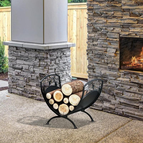 Indoor Outdoor Arced Log Holder Rack – Metal Firewood Storage Stand Black