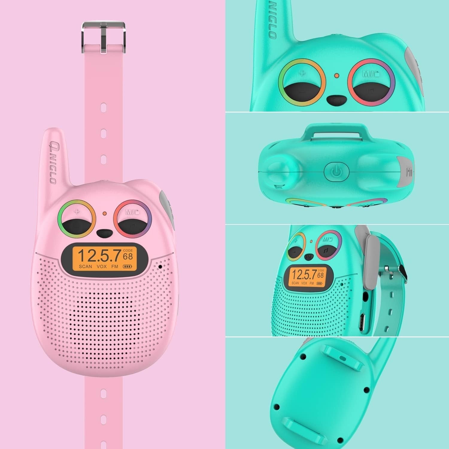 Kids Rechargeable Walkie Talkies Watch Style FM Radio LED Lights Toy