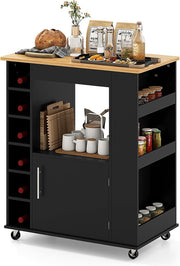 Kitchen Island on Wheels Bamboo Top Wine Rack Cabinet