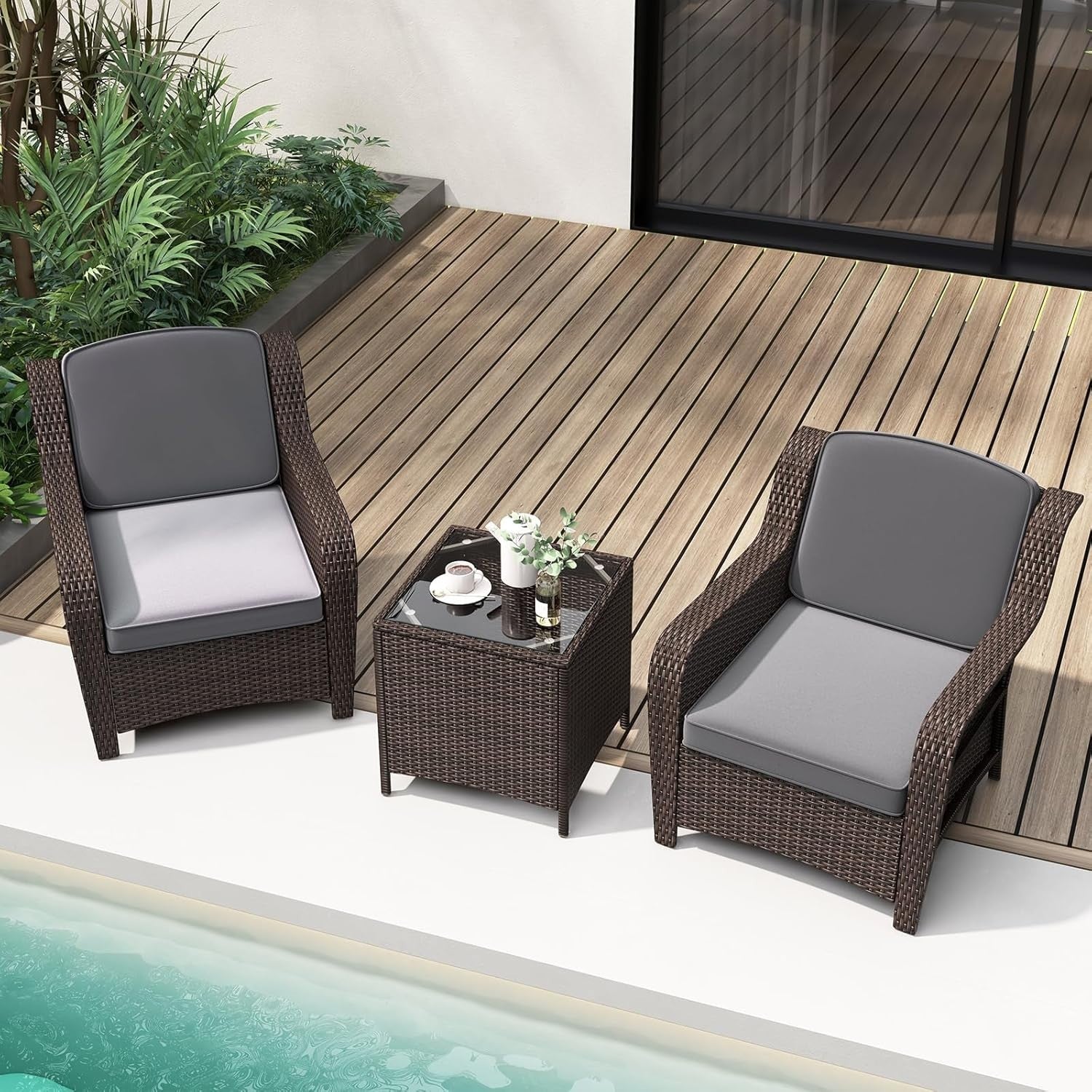 Rattan Garden Bistro Set 3PC Outdoor Patio Chairs Table Small Space