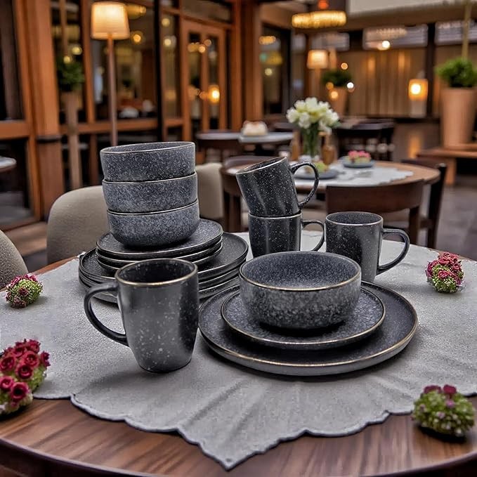 16 Piece Stoneware Dinner Set for 4 Plates Bowls Mugs Dark Blue