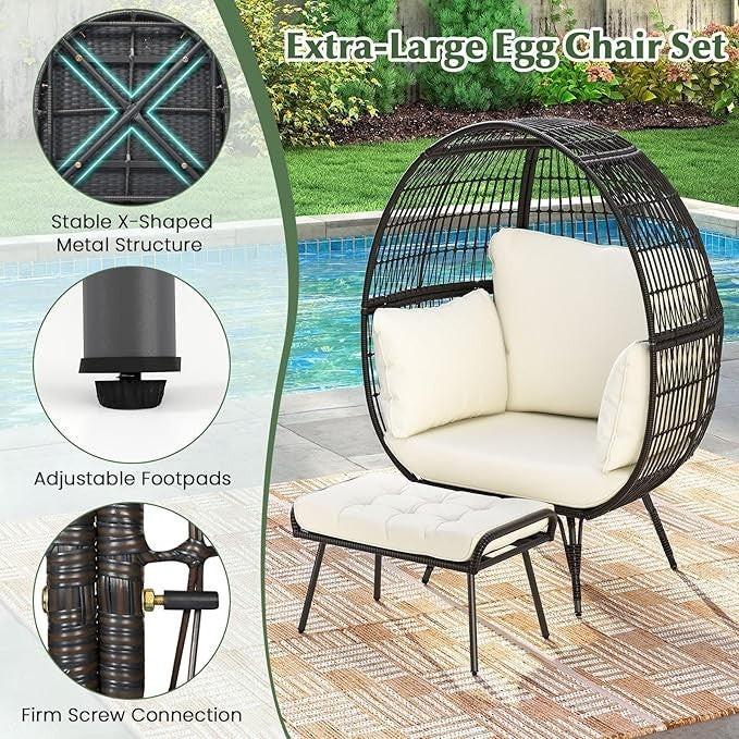 Extra Large Rattan Egg Chair with Footstool Outdoor Indoor Lounge Seat