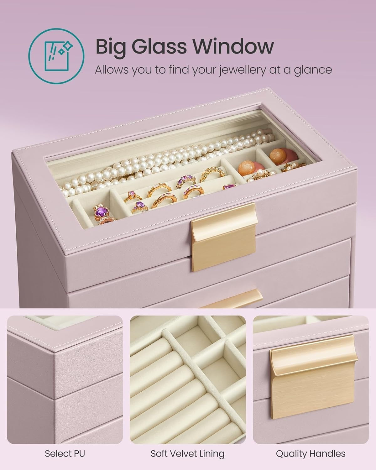 Lavender Purple Gold Jewellery Box Glass Lid 4 Layer Organizer with Drawers