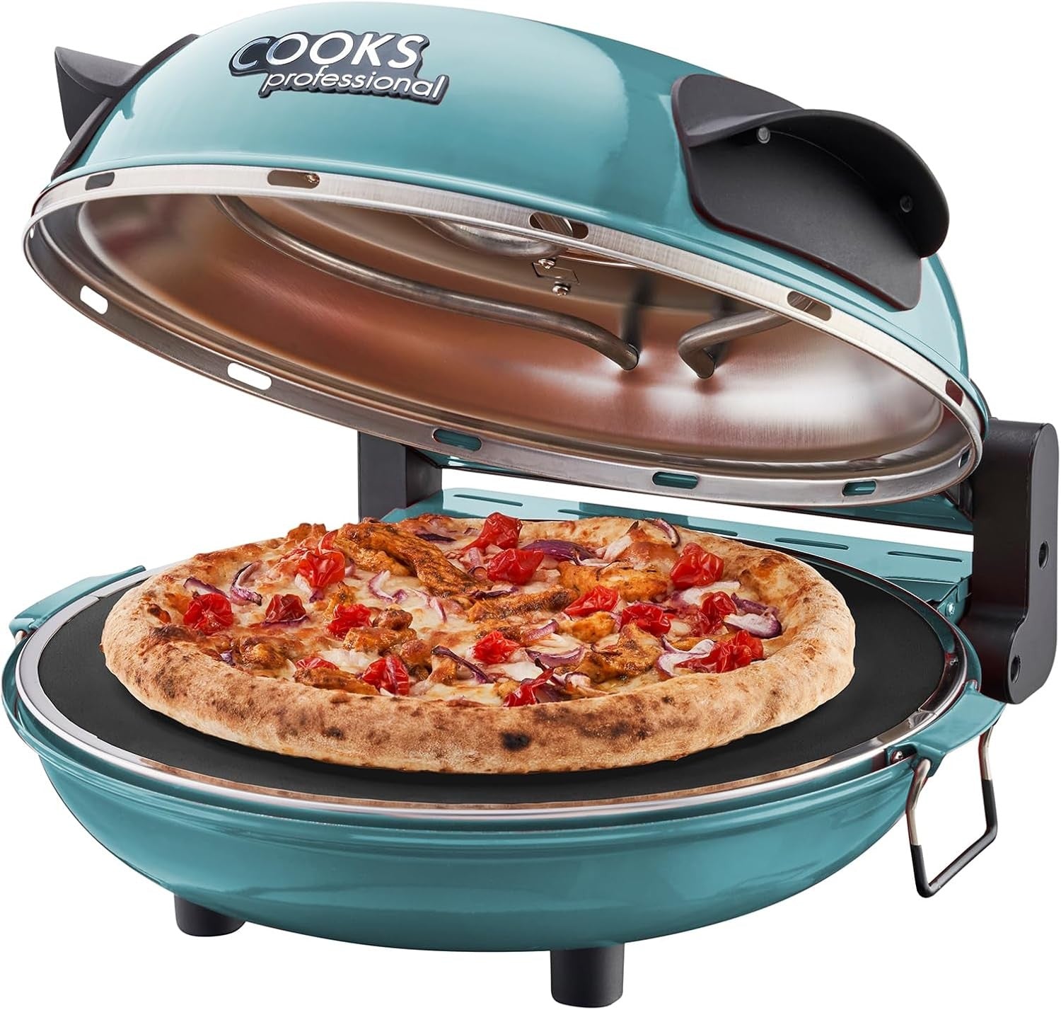 1200W Electric Pizza Oven 31cm Stone Base Glass Timer Cutter Teal