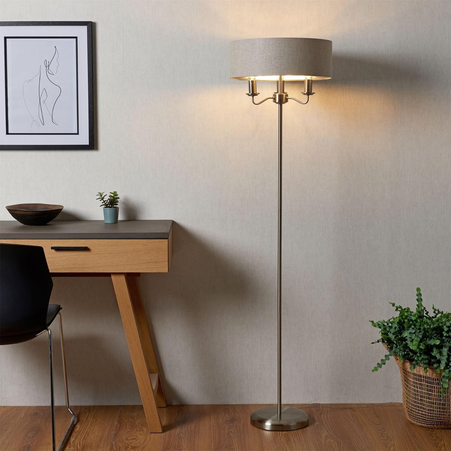 Brushed Nickel Floor Lamp Linen Shade Adjustable Head Modern Standing Light