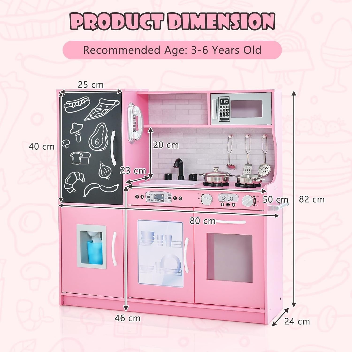 Kids Wooden Play Kitchen Blackboard Microwave Ice Maker Pink Set